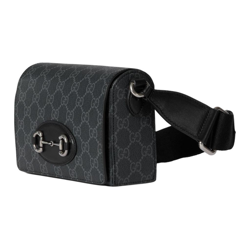 Gucci Horsebit Black GG Supreme Canvas Crossbody Bag, Horsebit Silver Hardware Leather Trim, Women's Daily Business Travel855566-FAFJB-1000