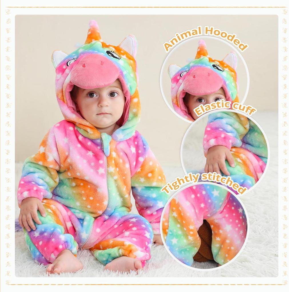 Winter Halloween Dinosaur Kigurumi Cosplay Clothes Hooded Animal Cow Monkey Unicorn Onesies Baby Thick Romper Newborn Jumpsuit
