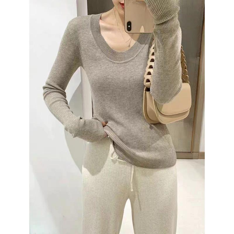 Autumn Winter Knitwear Pullover Long Sleeves U-neck Low Collarbone Solid Knitted Sweater Lady Thin Outerwear Korean Slim Fit Base Pullovers Women