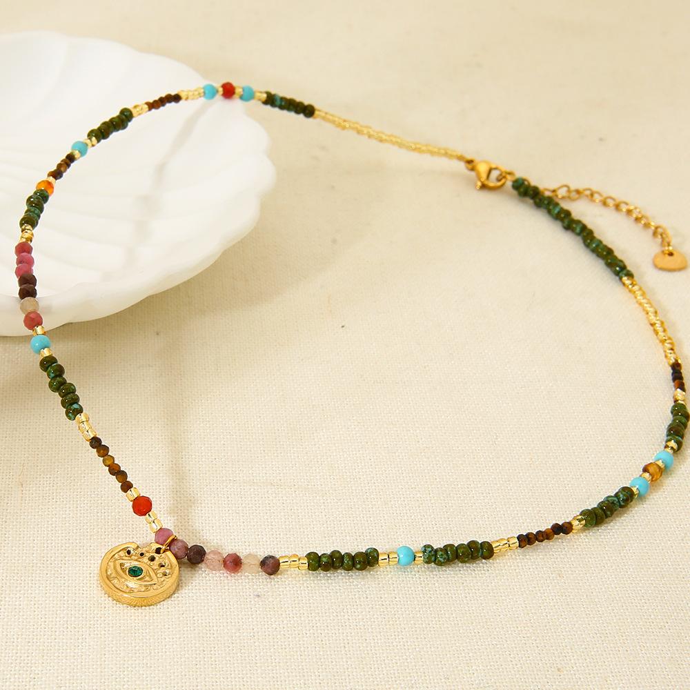 Ins Bohemian retro natural stone beaded necklace women's stainless steel plated 18k eye pendant design