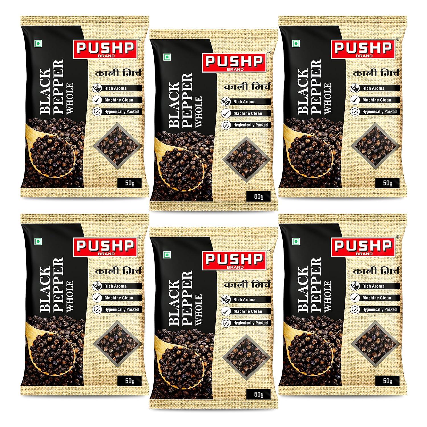 Pushp Brand Whole Black Pepper 50g Pack Of 6 Natural Kali Mirch Premium Aromatic Spice For Daily Kitchen Cooking Use