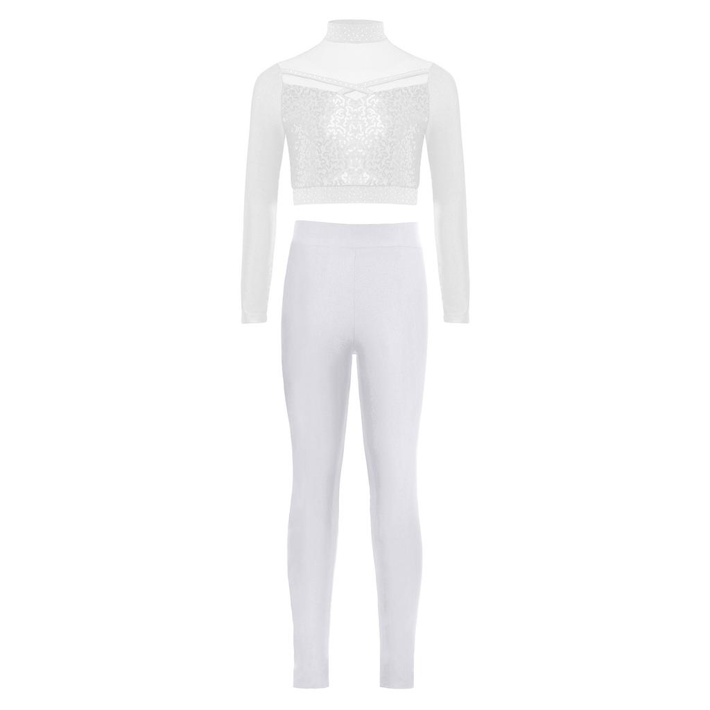 Girls Mock Neck Long Sleeve Mesh Patchwork Shiny Sequins Crop Top Elastic Waistband Leggings Jazz Dance