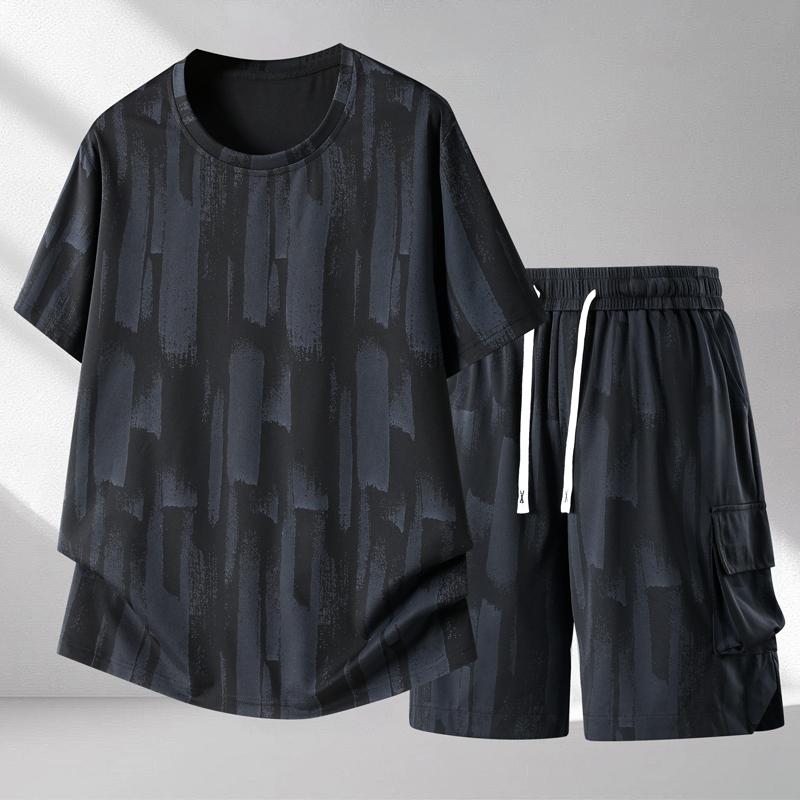 Heren Plus Size Abstracte Print 2-delige Outfit, Korte Mouw T-shirt & Cargo Short Set (5XL-12XL)