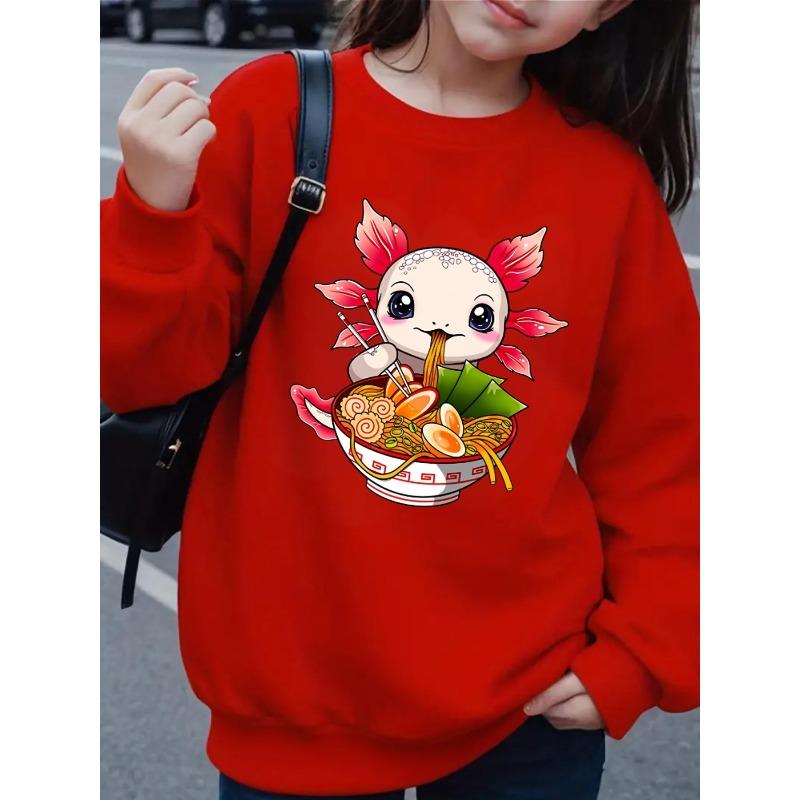 Kids Crewneck Sweatshirt, Cute Axolotl Eating Noodles Graphic Print,Spring Autumn Casual Sport Tops