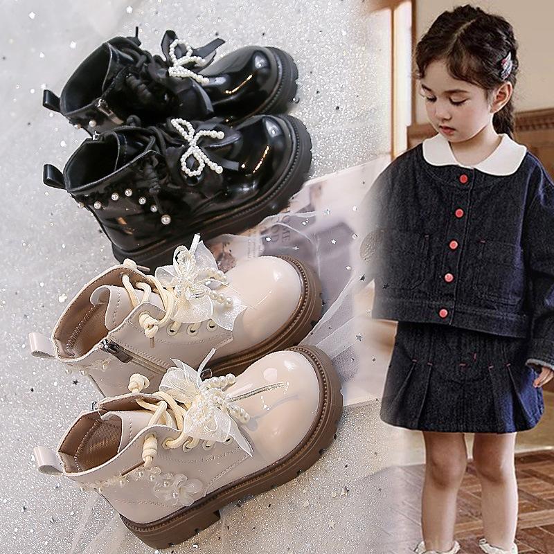 Botines Lisos de Niña Otoño Nuevo Flor de Perla Lazo Lindo Botas Martin de Princesa Botas Individuales