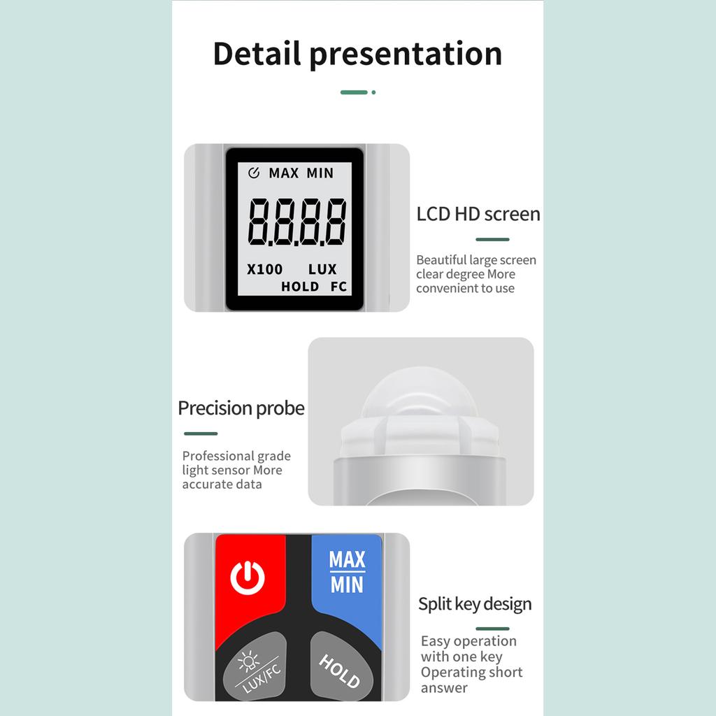 Digital Light Meter Lux Meter High Accuracy 0.1 to 200000Lux Portable Brightness Gauge with LCD Screen Data Hold Auto