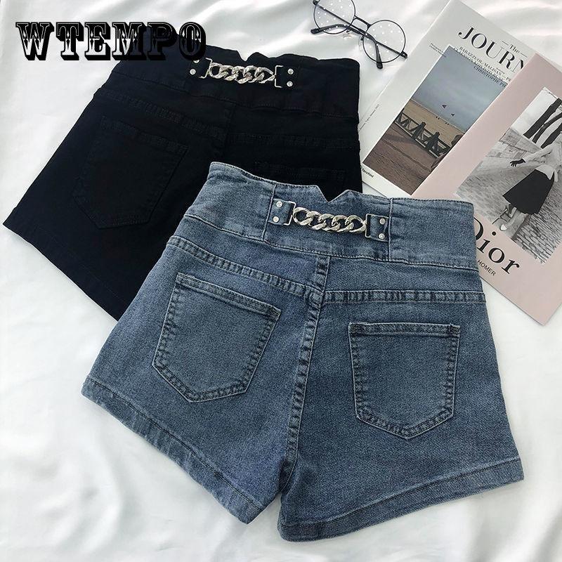 

Джинсовые шорты с высокой талией, женские широкие брюки трапециевидной формы в стиле ретро с металлической цепочкой