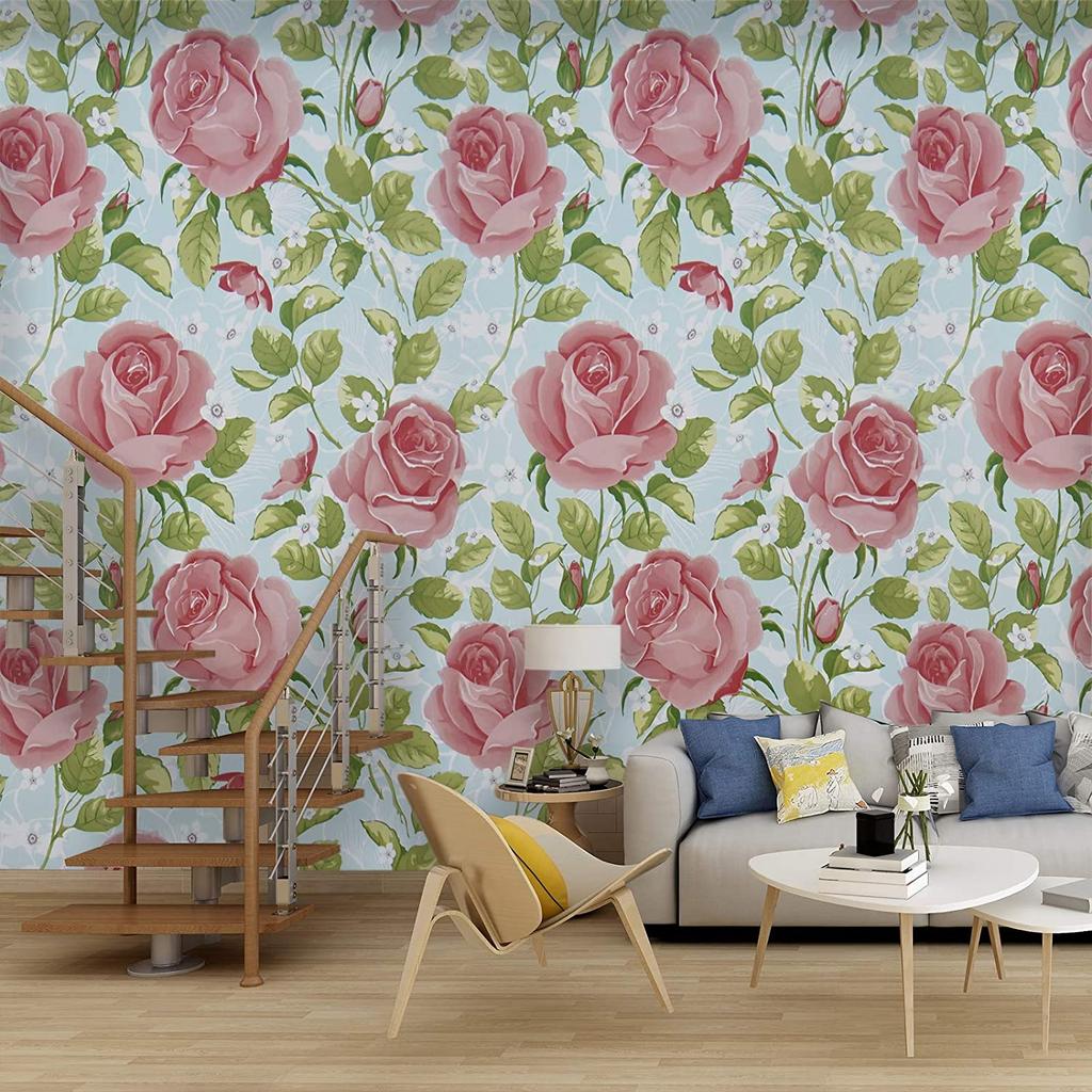HaoHome Pink Rose Self Adhesive Wallpaper Removable  Floral Peel and Stick Wallpaper Furniture Home Decorative Wall Covering Rol