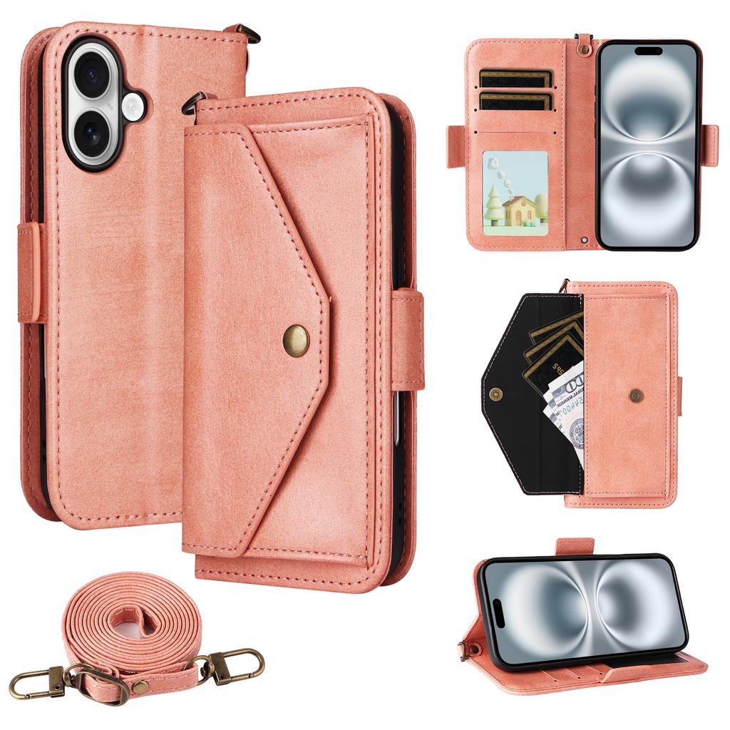 For iPhone 16 Leather Case Magnetic Closure Wallet Stand Phone Cover with Crossbody Strap