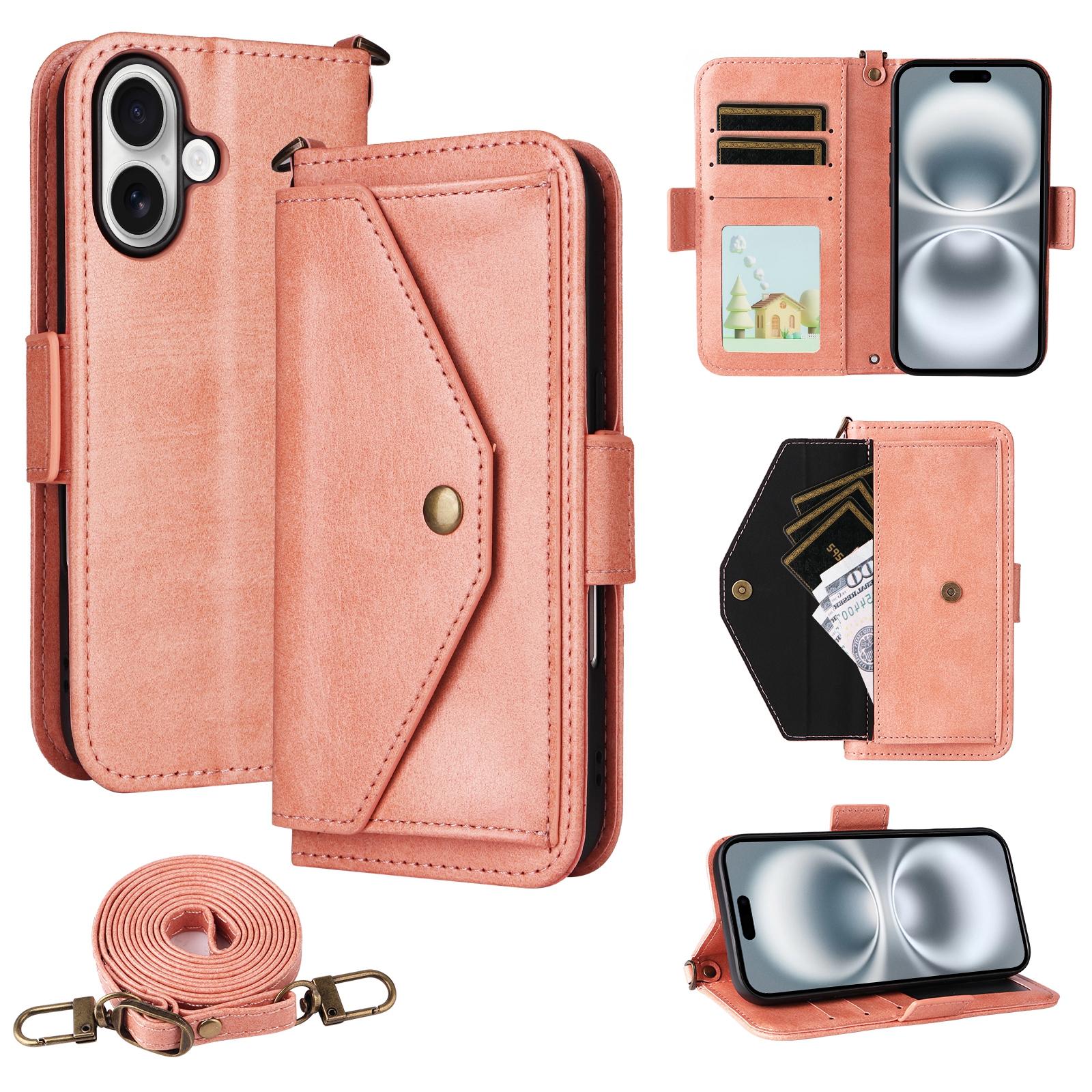 

For iPhone 16 Leather Case Magnetic Closure Wallet Stand Phone Cover with Crossbody Strap Pink