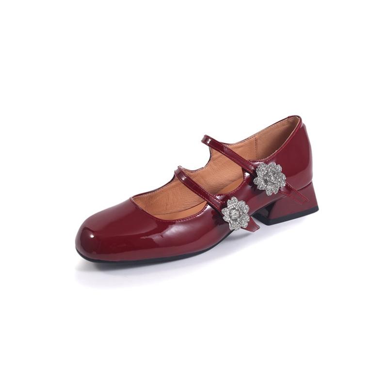 Fashion New women's genuine leather, cowhide, patent leather, round toe rhinestone flower belt buckle, high heels, Mary Jane shoes