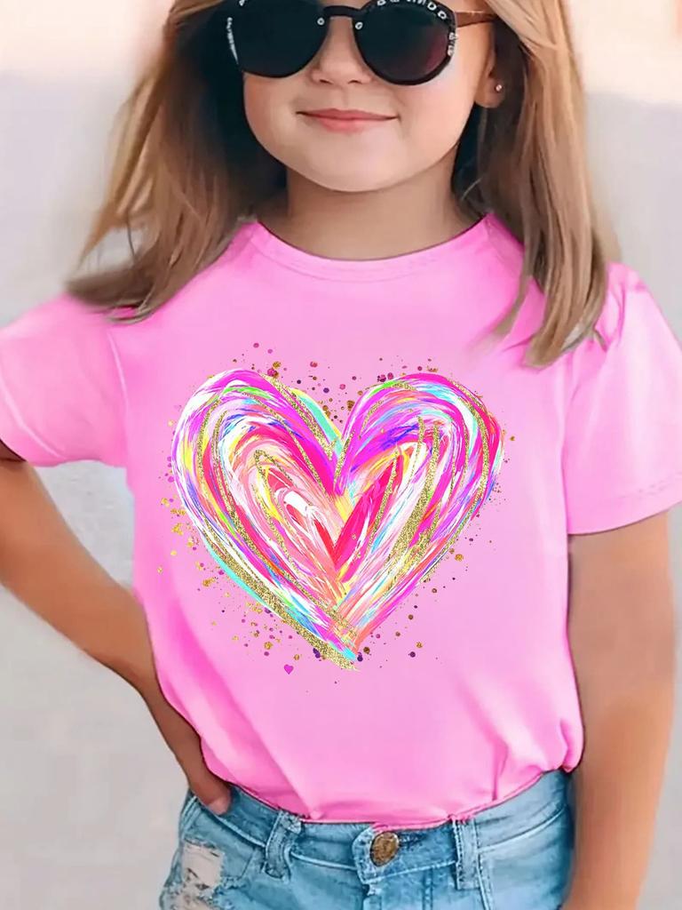 Childrens Pure Cotton Tshirt with Colorful Heart Pattern Fashion Round Neck Short Sleeves Casual and Breathable Top Girls