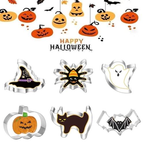 Shnmersy Halloween Cookie Cutter, Stainless Steel Biscuit Molds, 1 Piece/Set of 6, Cat, Spider, Ghost, Pumpkin, Hat, and Bat Shapes, Baking Tools, DIY