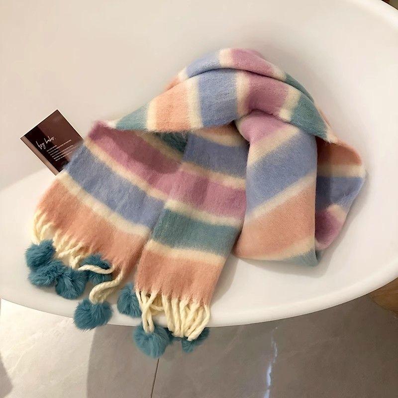 Vinter Dopamin Regnbågsrandig Tjock Varm Borstad Frans Pälsboll Scarf