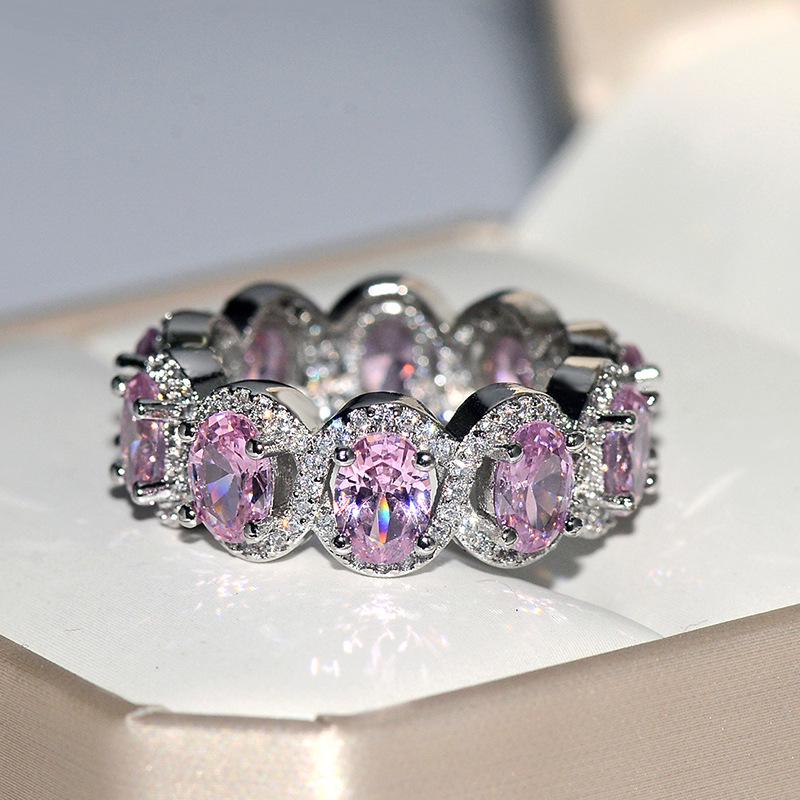 Fashion Luxury Charm Oval AAAA Super Flash Zircon Ring Pink Zircon Ring Women's Jewelry Wedding Party Jewelry  Silver Ring