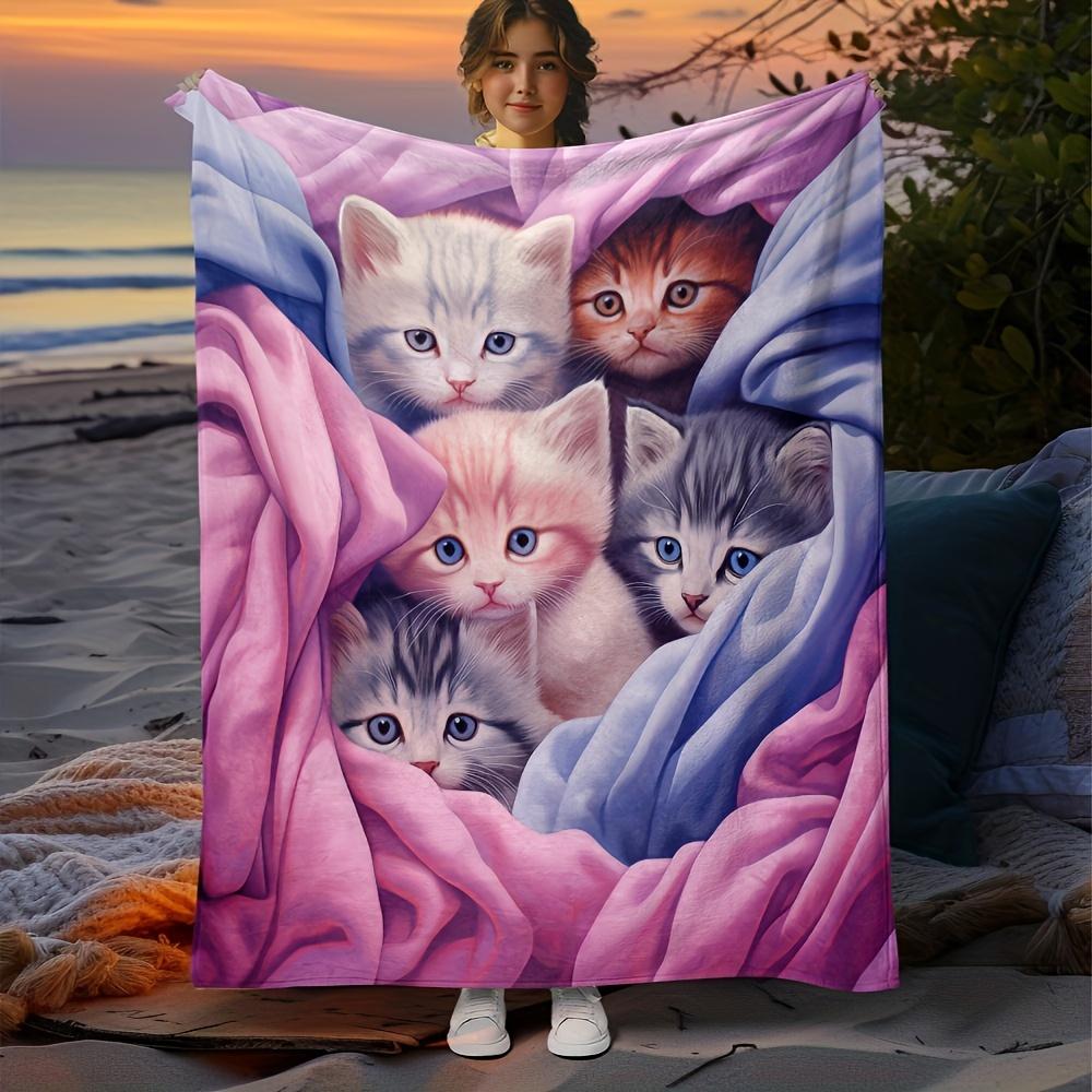 Cute Kitten Pink Blue Flannel Blanket Soft Warm Sofa Office Travel Camping Family Gift