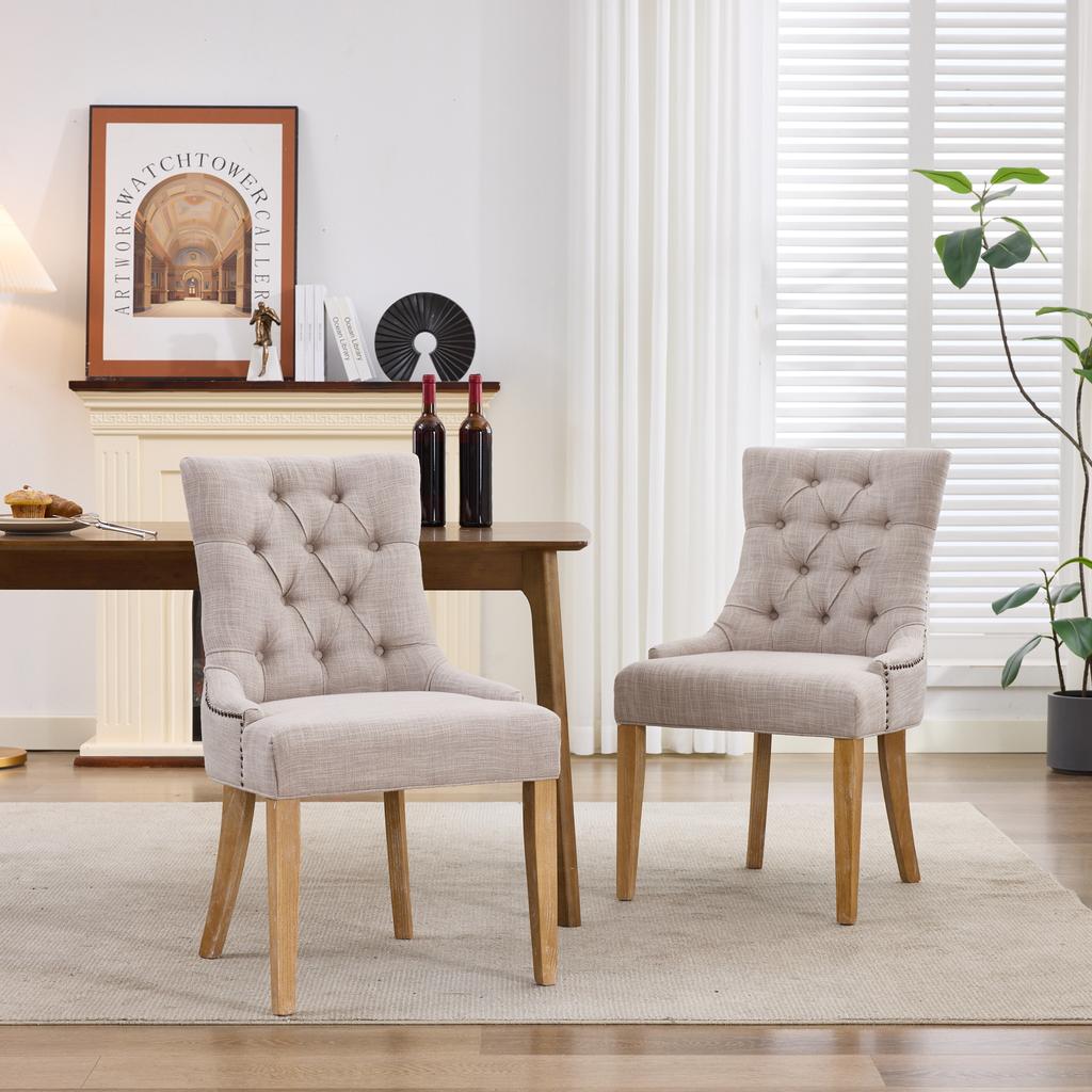 Dining Room Fabric Armchair with KD Legs and Decorative Rivets - Assemblable Upholstered Chair, Modern Design, 2-Piece Set