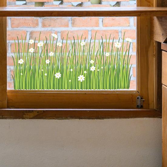 Frühling Sommer Blumen Fensteraufkleber, Wildblumen Gras Fenstersticker für Glasfenster, Doppelseitiger Statischer Anti-Kollisions Blumendekal für Klassenzimmer