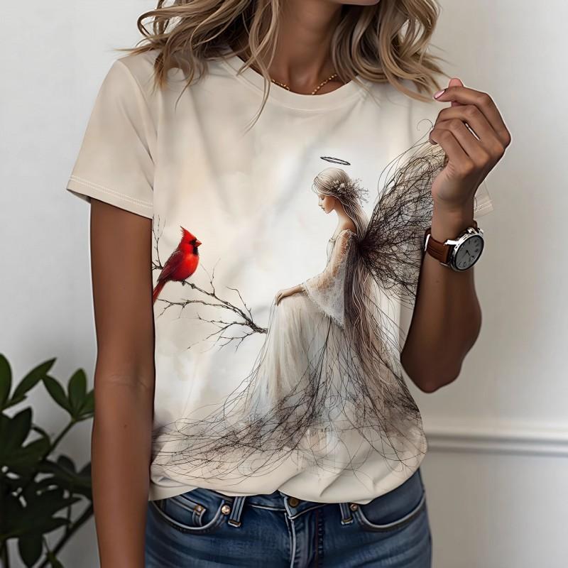 Womens Slim Fit Short Sleeve T-Shirt With 3D Cartoon Animal Print Digital Printing Casual Top