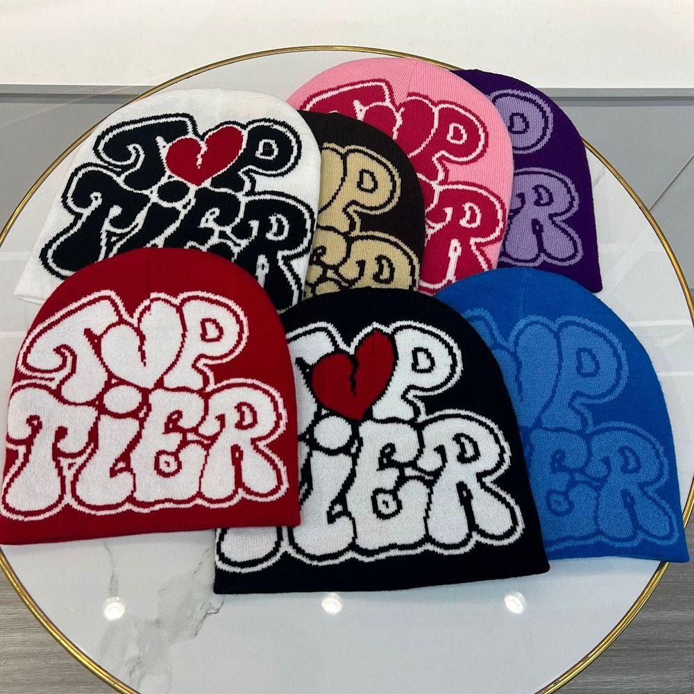 Wool Acrylic Knitting Cap Hat Letter Printing Casual Skullies Gothic Beanie Bonnet  Men Women