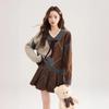 Lace splicing collar rhombus design sense temperament pullover sweater women's autumn and winter loose knitted sweater women's top