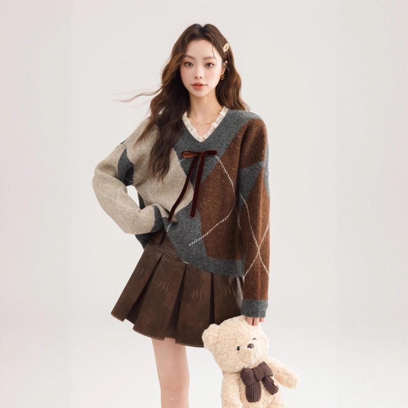 Lace splicing collar rhombus design sense temperament pullover sweater women's autumn and winter loose knitted sweater women's top