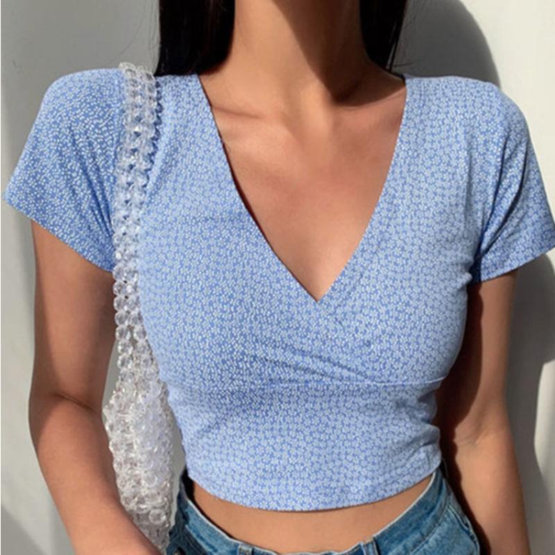 Letní francouzské retro květinové tričko s krátkým rukávem a výstřihem do V Tenké zeštíhlující divoké tričko s vysokým pasem dámské top