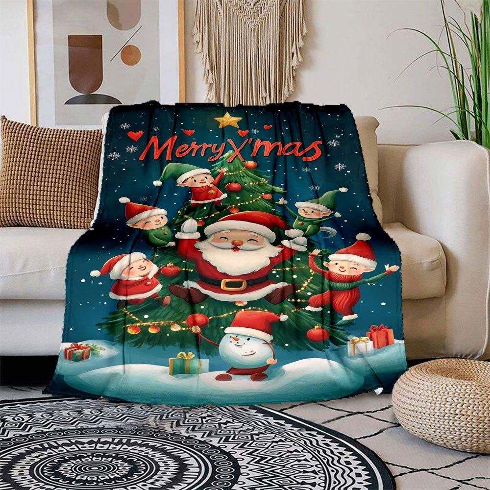"Merry Christmas Elf & Santa Claus Decorations"Blanket Flannel Throw Blanket for Sofa, Bed, Travel, Camping, Office