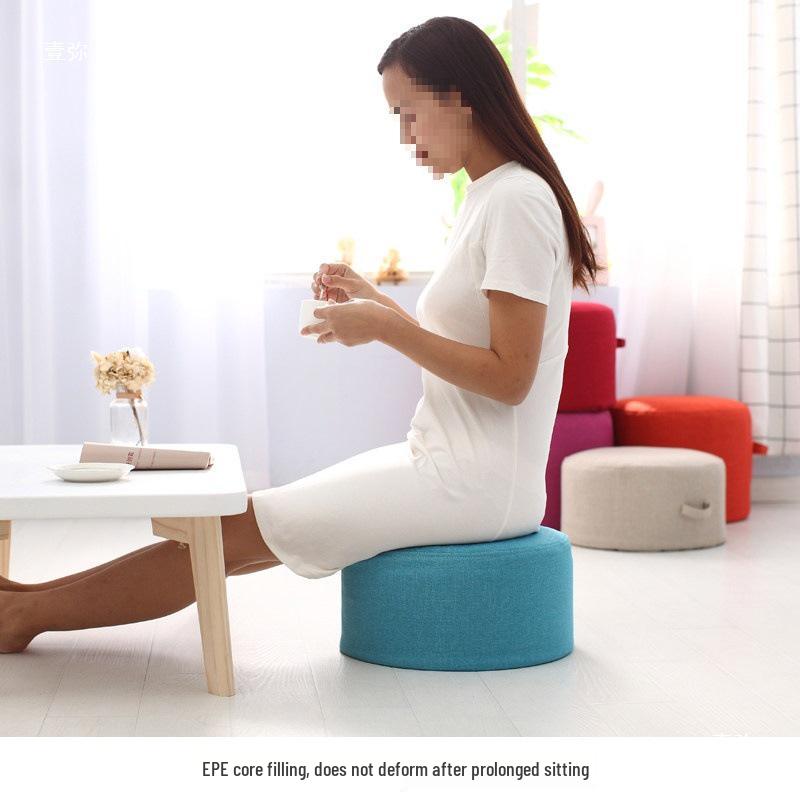 Round Fabric Stool with Linen and Tatami Mat - Washable Cushion for Living Room.