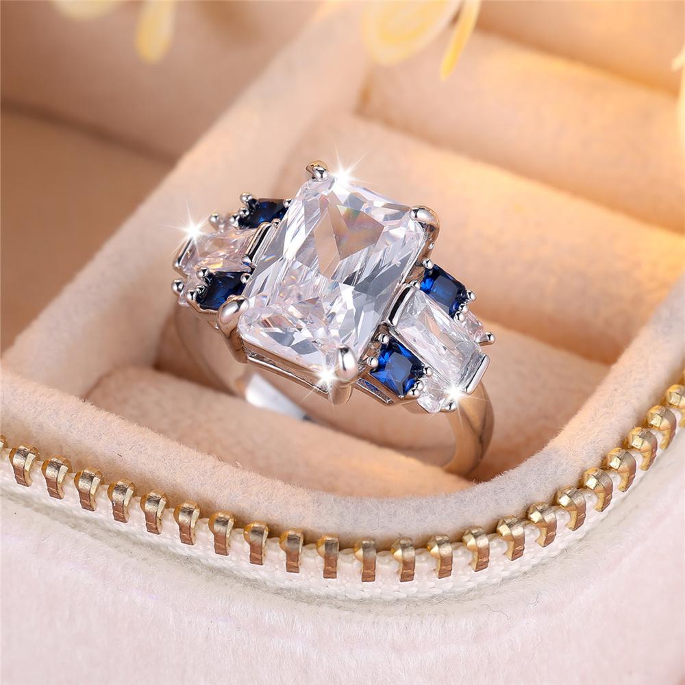 Einzigartiger Damen Weiß Blau Quadratisch Rund Zirkonstein Ring Silberfarben Zierlich Geschenk Party Hochzeit Schmuck Für Frauen
