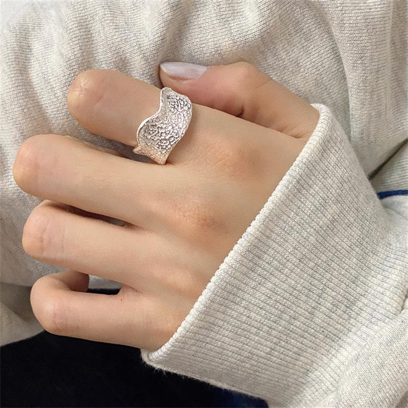 Irregular lava texture ring female design simple ins cold wind opening index finger ring tide