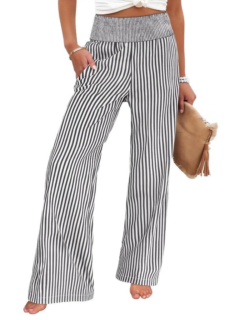2026 Women's Loose Striped Smocked Cotton Linen Casual Pants