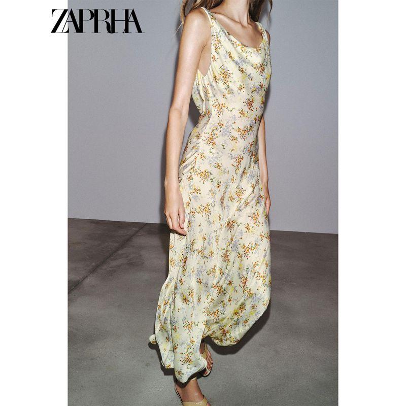 Zaprha 2025 Summer New Versitile Fashion Print Silk Satin Texture V-neck Backless Dress 3749846