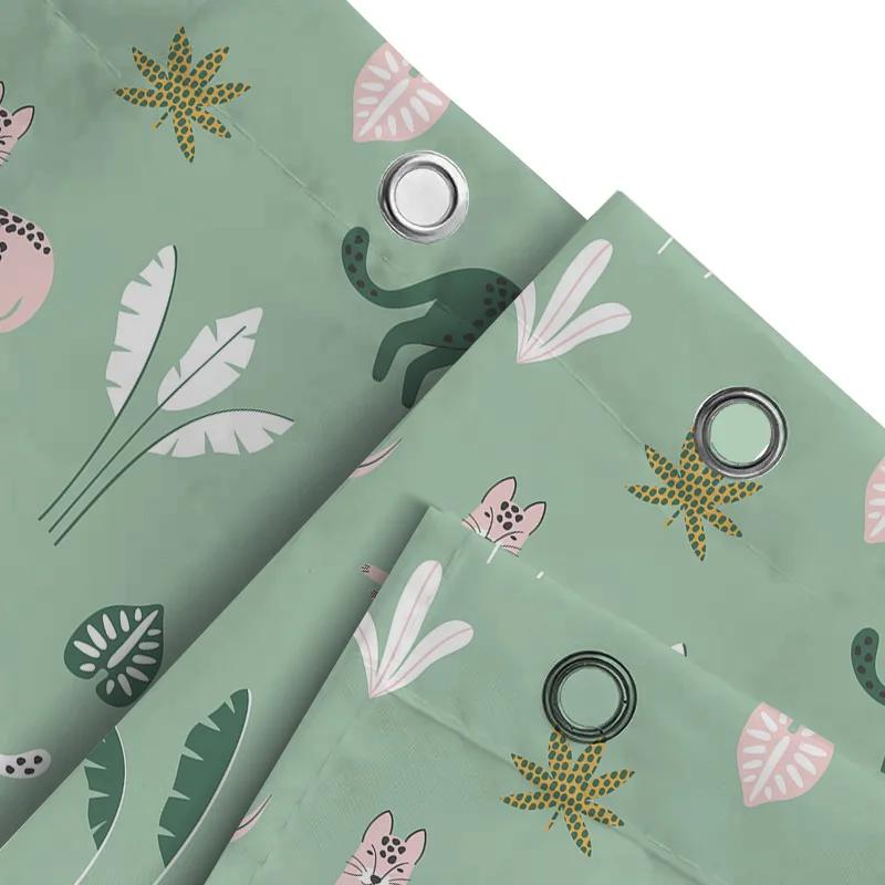 Animal Print Shower Curtain, Cat Design, Green Floral Pattern, Polyester Waterproof Fabric, Modern Bathroom Decor Unique Home Ac