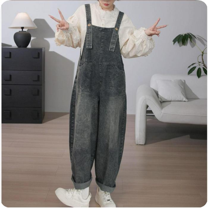 Age-reducing and Meat-covering Denim Overalls, Loose Western Style, Thin Literary Retro Harlan High-waisted Jumpsuit
