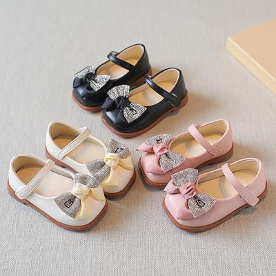 Spring Girls' Little Leather Shoes, Princess Shoes for Baby Girls, Children's Single Shoes with Bows and Black Rhinestones