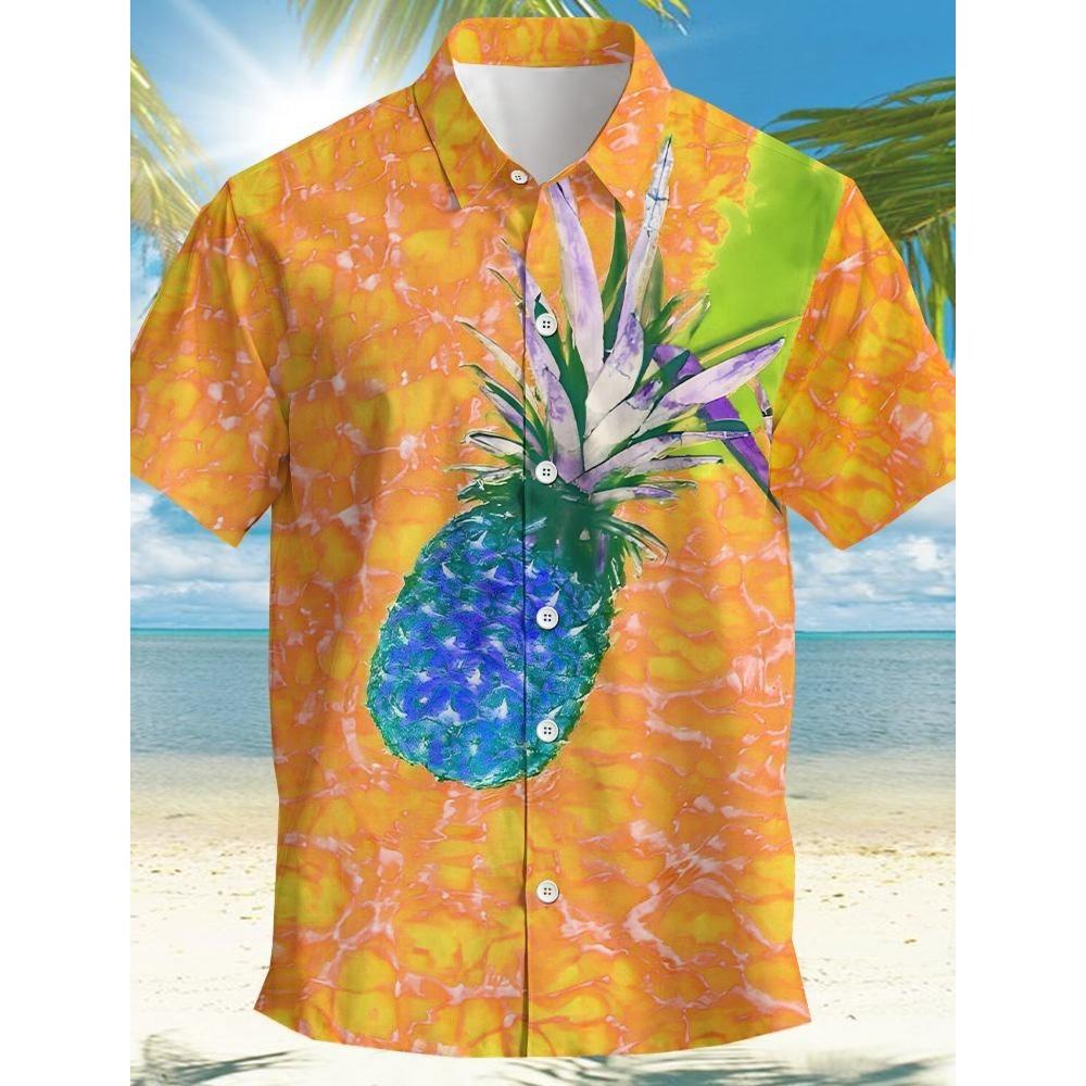 Pineapple Tropical Men's Shirt Summer Aloha Shirt Casual Holiday Summer Spring Turndown Short Sleeve Stretch Fabric Shirt