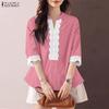 ZANZEA Women Casual Lace Patchwork V-Neck 3/4 Sleeve Blouse