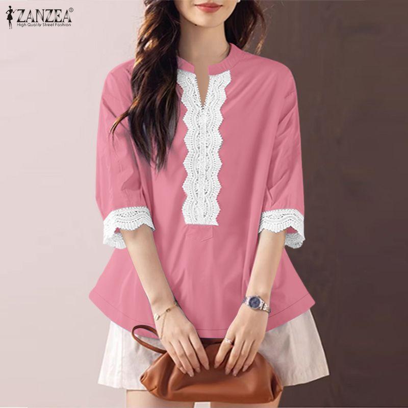 ZANZEA Women Casual Lace Patchwork V-Neck 3/4 Sleeve Blouse