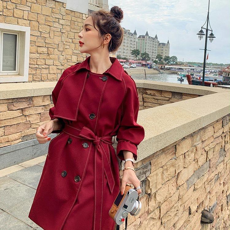 New Spring and Autumn Women's Clothing Small Medium-Length Topstitched Double-Breasted Belt Waist Windbreaker