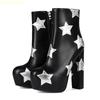 Fashion Women's Fashion Pu Leather Boots Star Stitching Platform Block Heel Ankle Boots Black Round Toe Side Zipper Classic Ankle Boots