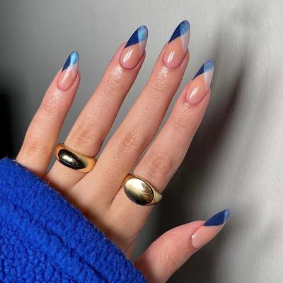 Nail Art Wearing Nail Beveled Edge French Blue and White Splicing Jelly Glue Nail Art Piece Nail Art Wearing Nail Piece