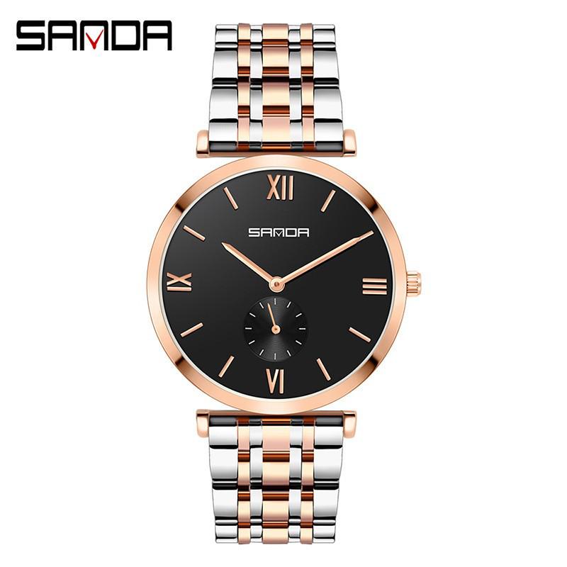 Sanda Trendy Diamond Roman Numeral Couple Watches - Steel Band, Waterproof Women's Wristwatch