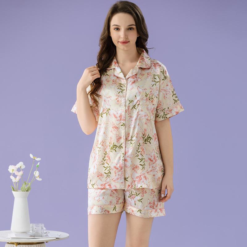Ice Silk Pajamas Femininity Fashion Summer Short-Sleeved Shorts Sweet Floral Loungewear Can Be Worn Outside