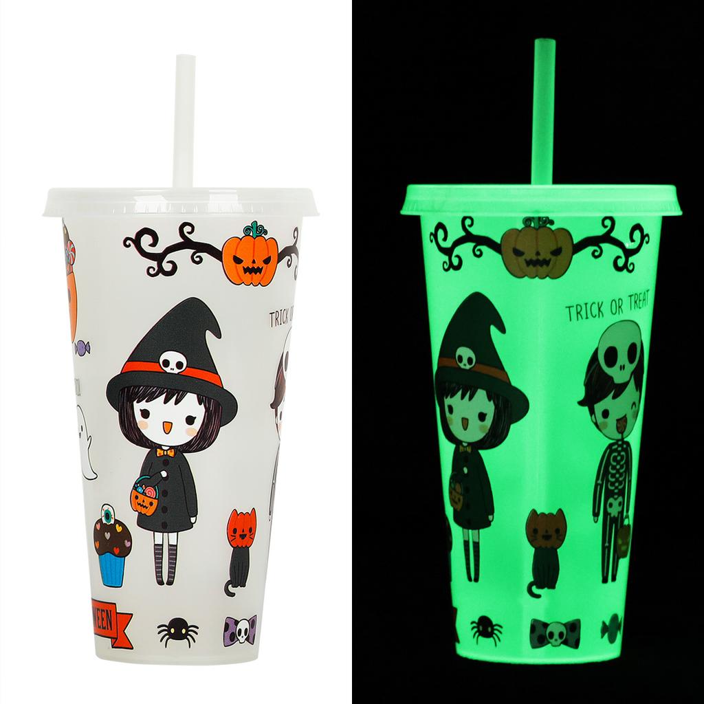 1PC 720ml Halloween Print Plastic Luminous Straw Cup Juice Milk Tea Coffee Cups for Party Supplies Funny Straw Cup Kitchen Drink