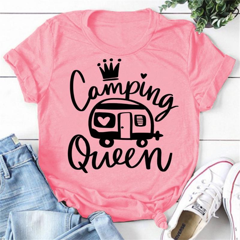 Cute Camping Queen T-shirts For Women Summer Tee Shirt Femme Casual Queen Short Sleeve Camping Round Neck Tops T-shirts