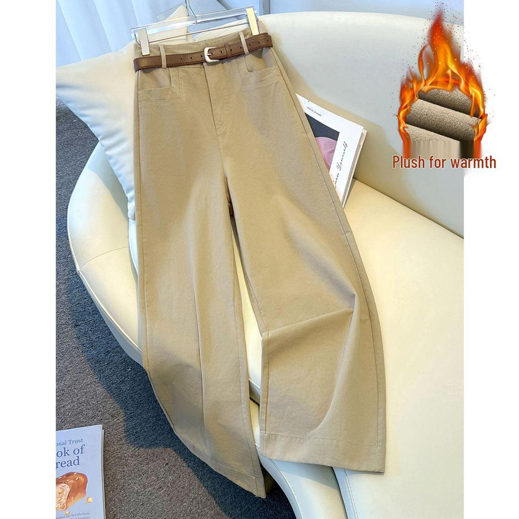 Women's Fleece-Lined Wide-Leg Pants: Solid Color, New Autumn/Winter Straight-Leg Petite Jeans.