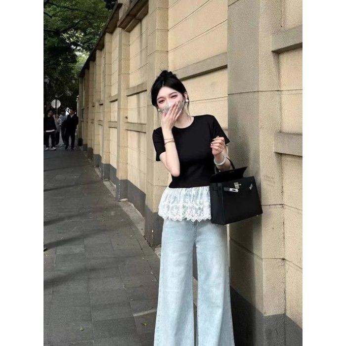 

Европейская кружевная лоскутная футболка с коротким рукавом для женщин - Весна/Лето 2025 Французский балетный шик Extra Large чёрный