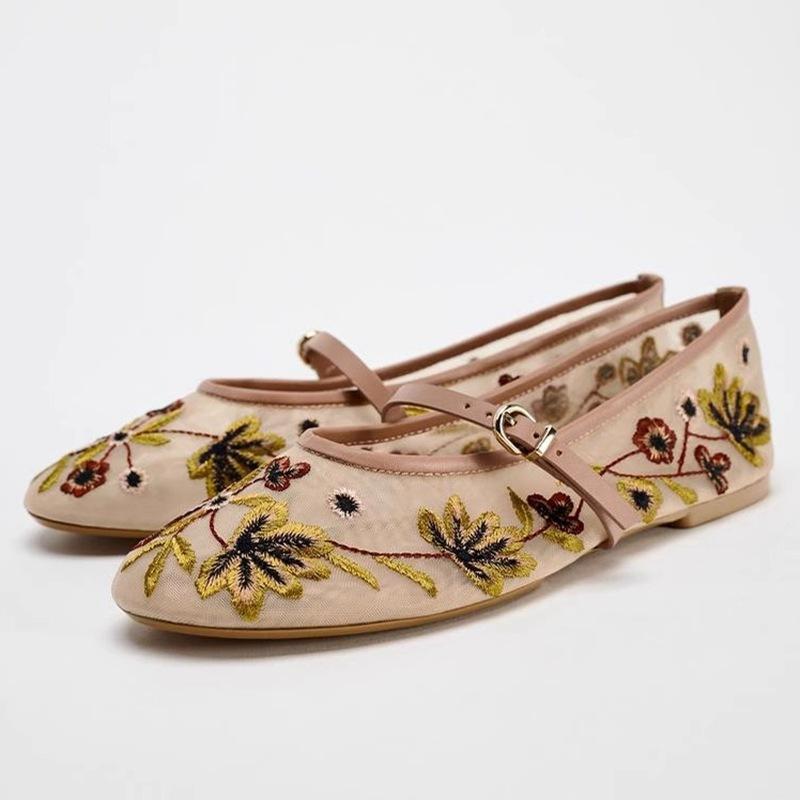 Autumn New Retro Flower Embroidered Mesh Single Shoes  Shoes Fashionable Breathable Green One-word Ballet Flats