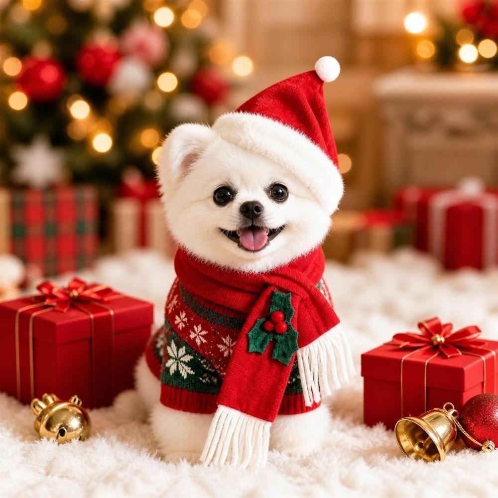 2Pcs/Set Christmas Pet Neck Warmer Winter Dog Bandana Scarf Cute Dog Scarf Collar  for Puppy Kitten